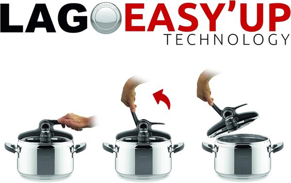 Lagostina Novia Vitamin Lagoeasy'UP Autocuiseur 3,5 L en Acier Inoxydable 18/10 Ø 22 cm, Casserole Induction et Gaz, Couvercle intelligent et Ouverture Facile, avec Panier, Ecodose, Livre de Recettes