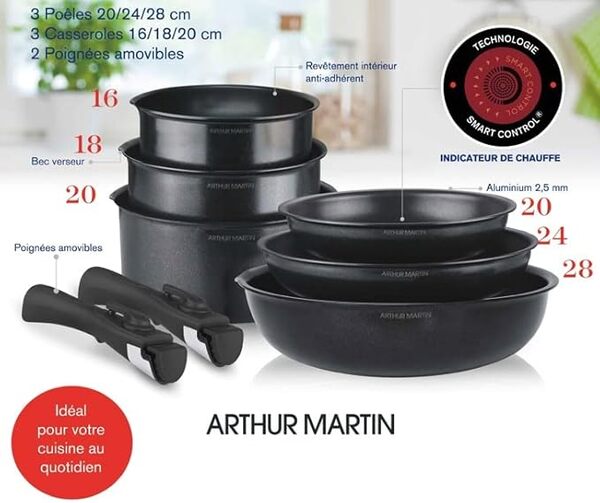Arthur Martin AM925B Batterie de cuisine amovible 8 pièces Aluminium Smart Control Poignée amovible tous feux dont induction