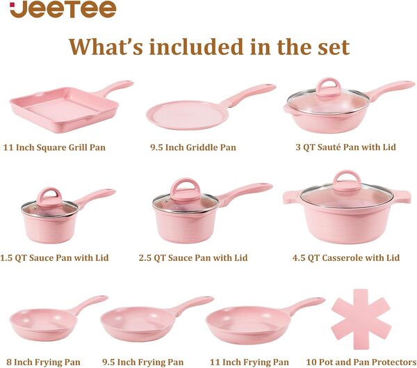 JEETEE Set de Casseroles et Poêles Antiadhésif 23 Pièces Cuisine Saine Set de Cuisson à Induction Poêle, Mijoteuse, Poêle à Frire et Poêle à Crêpes en Granit, Sans PFOS, Pink