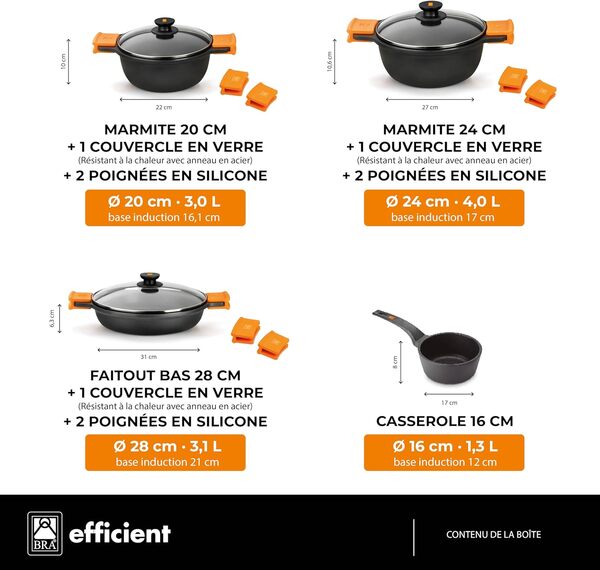 BRA Efficient | Batterie de cuisine 7 pièces en fonte d’aluminium avec revêtement antiadhésif, tous feux dont induction, Noir