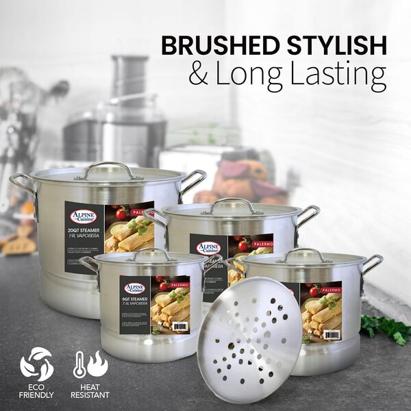 Alpine Cuisine Marmite vapeur en aluminium de 12 pièces avec couvercles de marmite de cuisson de 20,5 cm, 30,5 cm, 16,8 l, 20 litres | Capacité de cuisson à la vapeur à plusieurs niveaux | Poignées