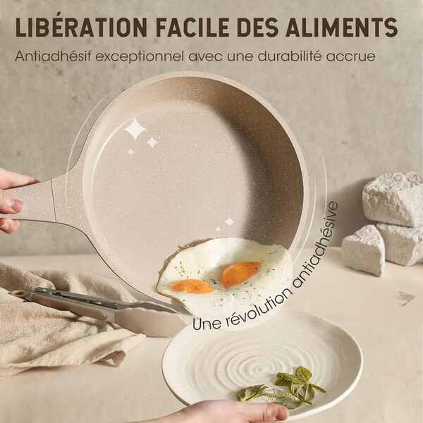 CAROTE Lot de 8 Casseroles et Poêles Induction Marron – Revêtement Pierre Antiadhésif, Poignées Fixes, Casserole et Sauteuse Passe au Four, Batterie de Cuisine avec Couvercles