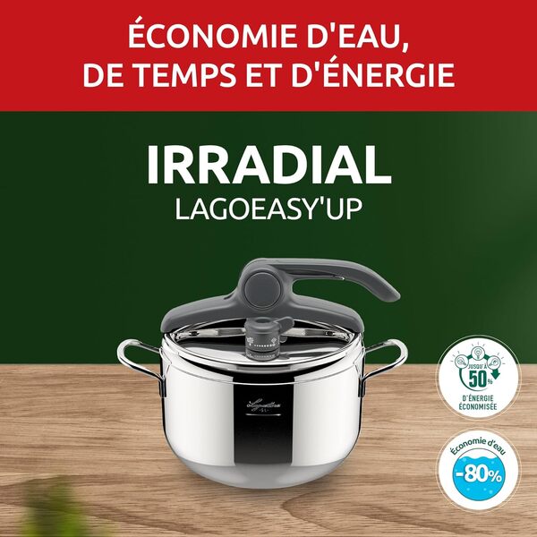 Lagostina Irradial Control Lagoeasy'UP Autocuiseur 5 L en Acier Inoxydable 18/10 Ø 22 cm, Casserole Induction et à Gaz, Couvercle à Ouverture Facile, Fond Irradial Plus Triple Couche