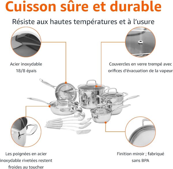 Amazon Basics Batterie de cuisine ensemble de 15 pièces en acier inoxydable – Casseroles, poêles et ustensiles, Argenté