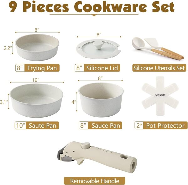 Set Royal Swiss® - 9 Pièces Pour Induction : Poêles Et Casseroles Avec Poignées Amovibles & Sans PFOA | Compatible Tous Feux